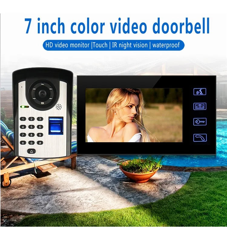 806FD11 7" Monitor HD Video Fingerprint Password Doorbell Camera with Remote Control, EU Plug