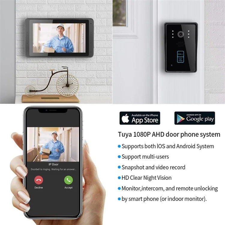 702MJID11 7-inch Monitor Tuya App WiFi Doorbell RFID Card Unlock 1080P Visual Doorbell, US Plug