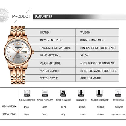 WLISTH S507 Waterproof Bracelet Calendar Date Week Display Quartz Watch