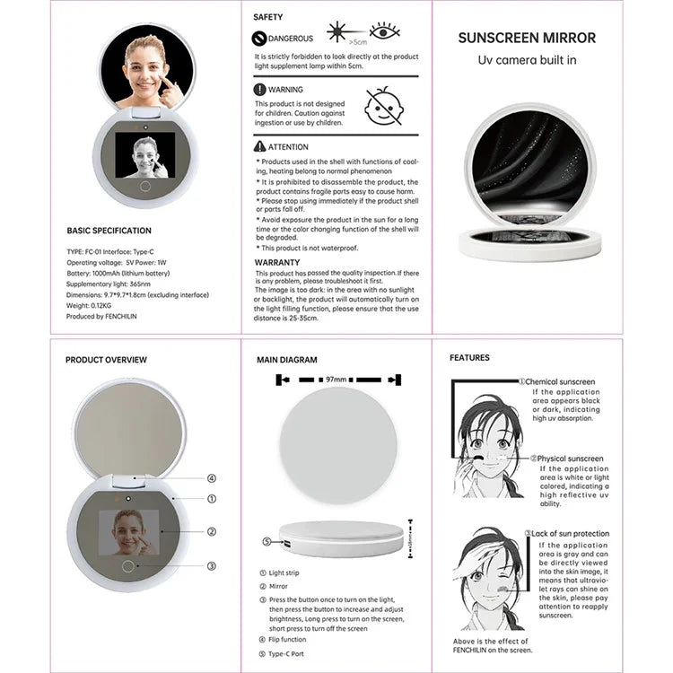 YS002 Smart Makeup Mirror Built-in UV Camera for Sunscreen Test LED Handheld Cosmetic Mirror