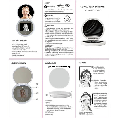 YS002 Smart Makeup Mirror Built-in UV Camera for Sunscreen Test LED Handheld Cosmetic Mirror