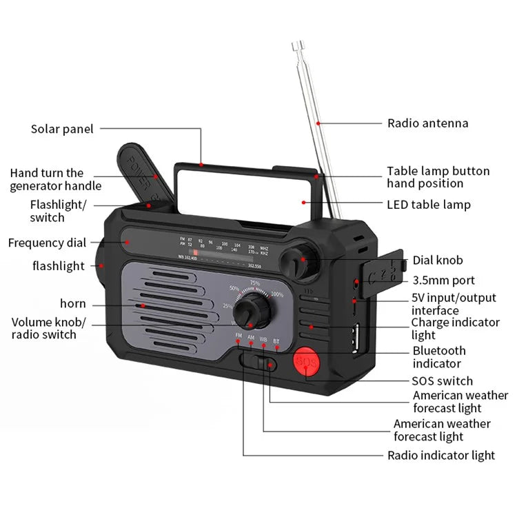 KK-228WB Solar Power Outdoor Hand Crank AM FM WB Radio Power Bank with LED Light