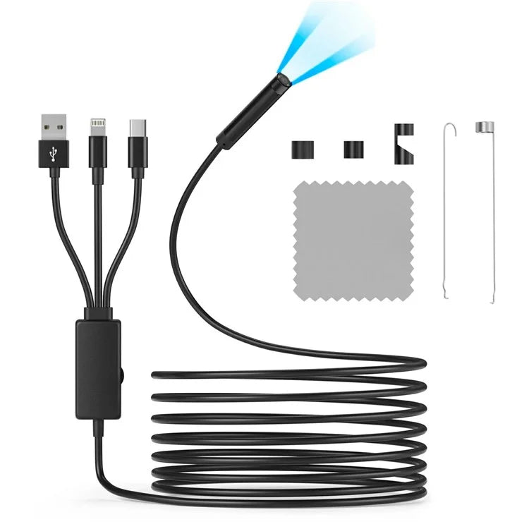 NK-5001Pro 2m Hard Wire 3-in-1 USB+Type-C+8-Pin Cell Phone Endoscope 2MP 8MM Camera Microscope