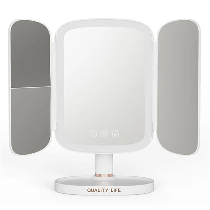 QW-M71 Stepless Dimming LED Light Makeup Mirror Foldable Tabletop Vanity Mirror