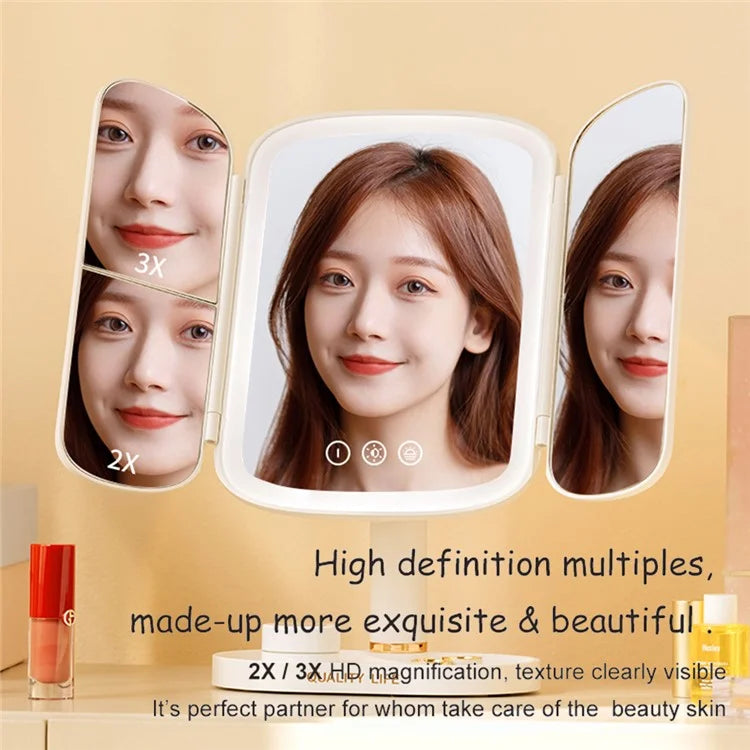QW-M71 Stepless Dimming LED Light Makeup Mirror Foldable Tabletop Vanity Mirror