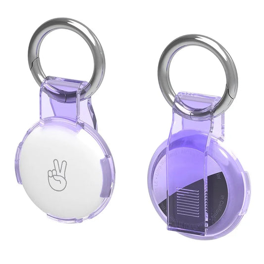 For Apple AirTag Drop Proof Transparent PC Protective Cover with Back Clip and Keychain Purple