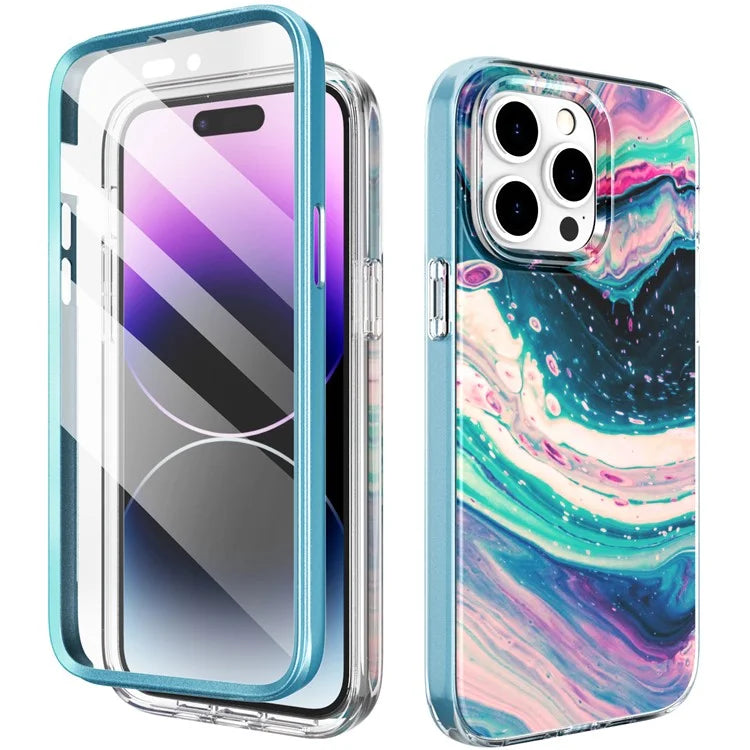 AHASTYLE WE13 For iPhone 14 Pro Max Case Pattern IMD PC+TPU Phone Cover Built-In Screen Protector