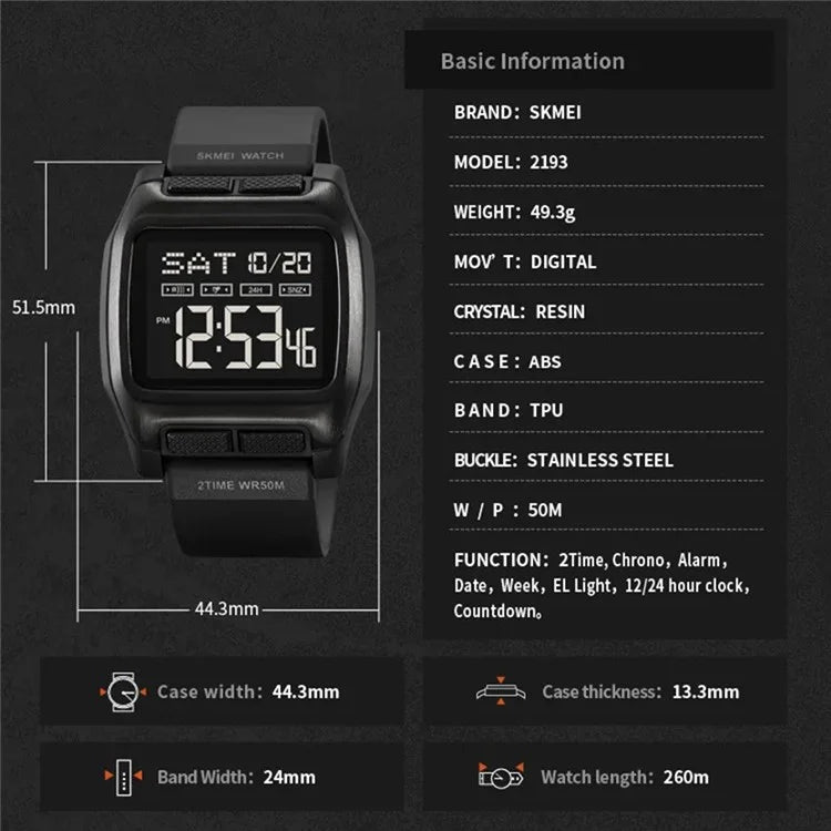 SKMEI 2193 Student Square Digital Watch TPU Strap EL Backlight Electronic Watch