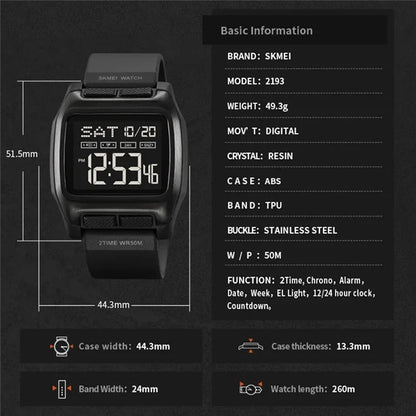 SKMEI 2193 Student Square Digital Watch TPU Strap EL Backlight Electronic Watch Camouflage