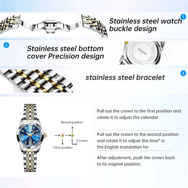 SKMEI 7070 Weekday Date Display Stainless Steel Strap Quartz Wrist Watch for Men / Women