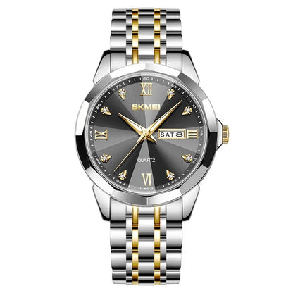 SKMEI 7070 Weekday Date Display Stainless Steel Strap Quartz Wrist Watch for Men / Women