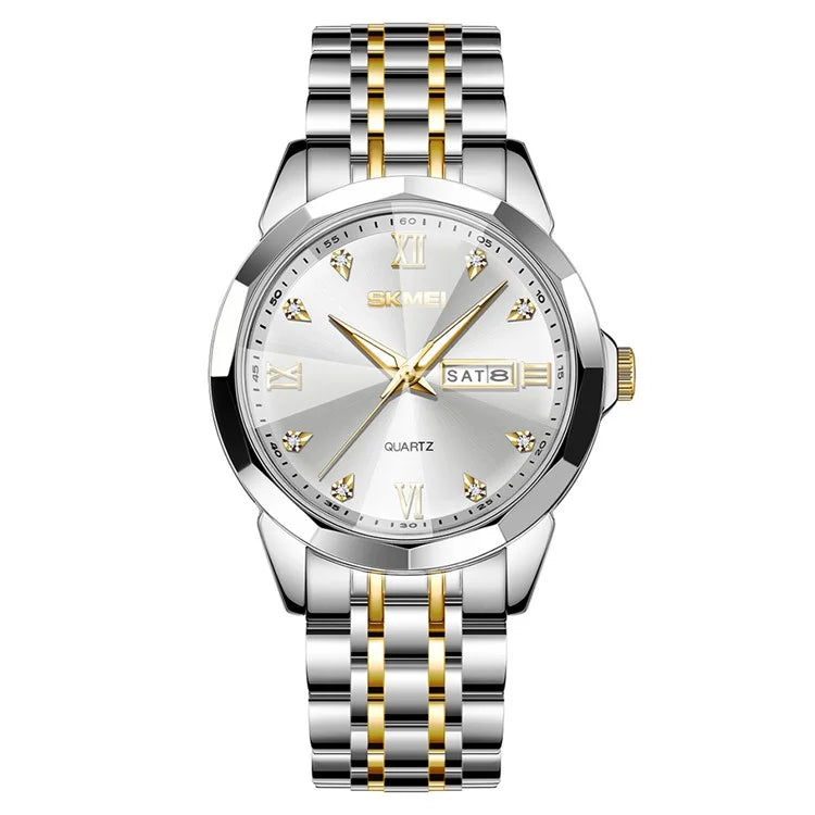 SKMEI 7070 Weekday Date Display Stainless Steel Strap Quartz Wrist Watch for Men / Women