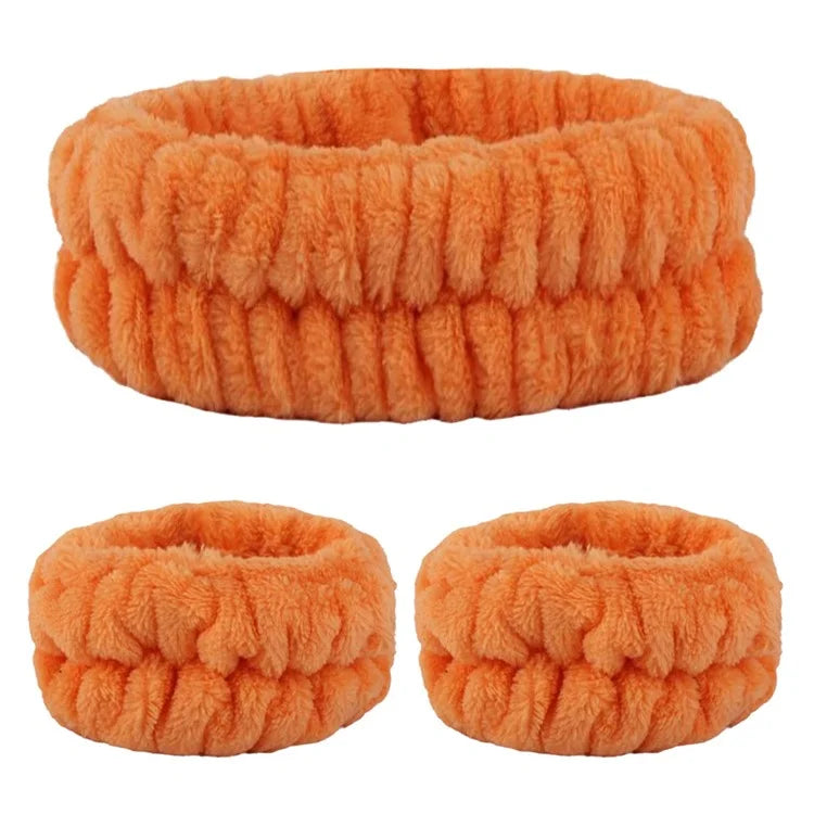 SFD067 1 Headband + 2 Wrist Bands Coral Fleece Water Absorbent Face Washing Wristband Hairband Set