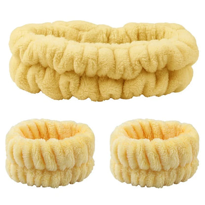 SFD067 1 Headband + 2 Wrist Bands Coral Fleece Water Absorbent Face Washing Wristband Hairband Set