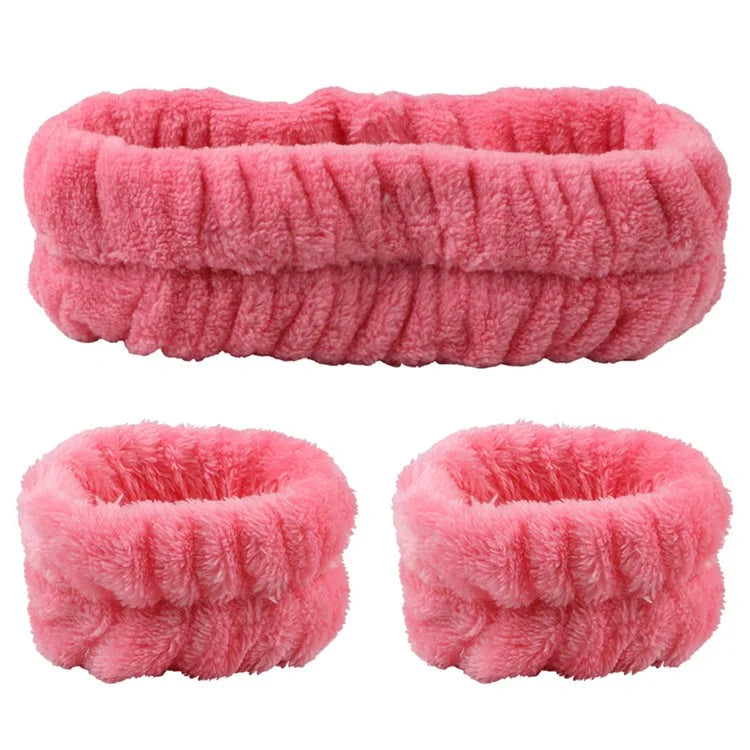 SFD067 1 Headband + 2 Wrist Bands Coral Fleece Water Absorbent Face Washing Wristband Hairband Set