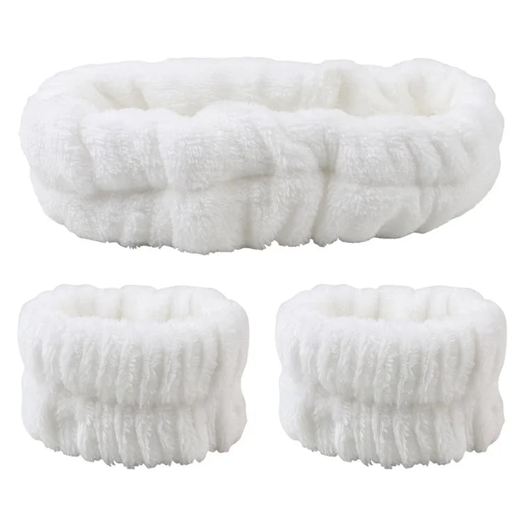SFD067 1 Headband + 2 Wrist Bands Coral Fleece Water Absorbent Face Washing Wristband Hairband Set