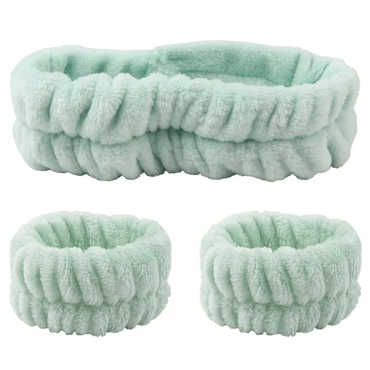 SFD067 1 Headband + 2 Wrist Bands Coral Fleece Water Absorbent Face Washing Wristband Hairband Set