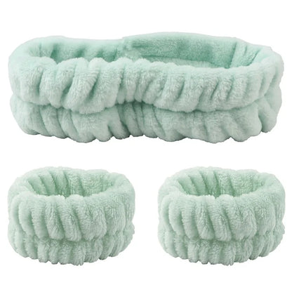 SFD067 1 Headband + 2 Wrist Bands Coral Fleece Water Absorbent Face Washing Wristband Hairband Set