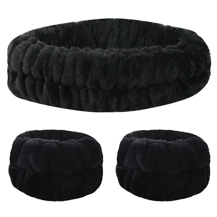 SFD067 1 Headband + 2 Wrist Bands Coral Fleece Water Absorbent Face Washing Wristband Hairband Set
