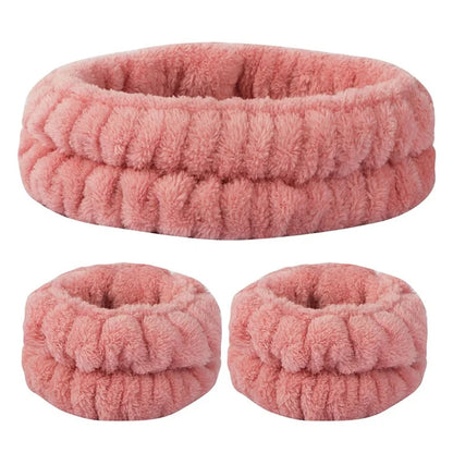 SFD067 1 Headband + 2 Wrist Bands Coral Fleece Water Absorbent Face Washing Wristband Hairband Set