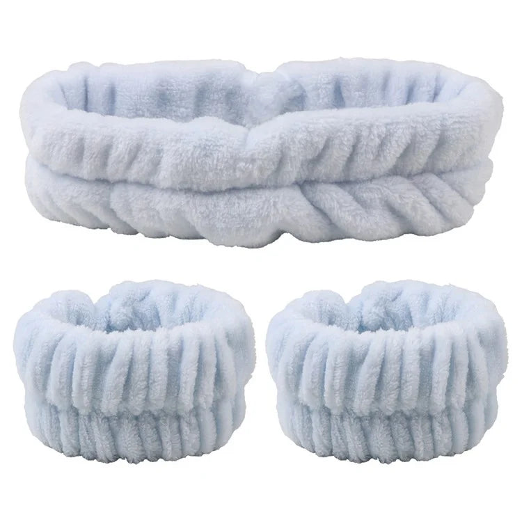 SFD067 1 Headband + 2 Wrist Bands Coral Fleece Water Absorbent Face Washing Wristband Hairband Set