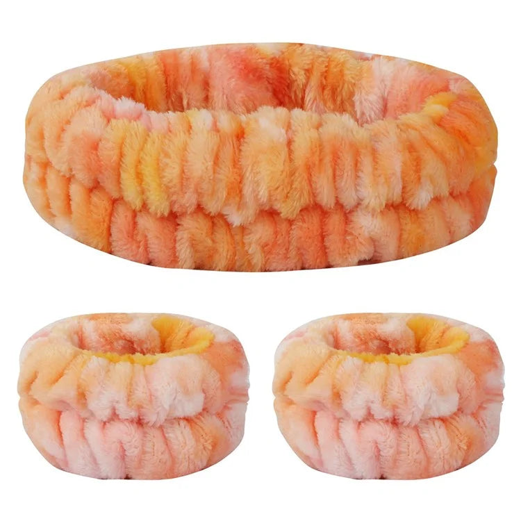 SFD067 1 Headband + 2 Wrist Bands Coral Fleece Water Absorbent Face Washing Wristband Hairband Set Tie Dye