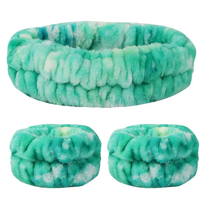 SFD067 1 Headband + 2 Wrist Bands Coral Fleece Water Absorbent Face Washing Wristband Hairband Set+Green Tie Dye