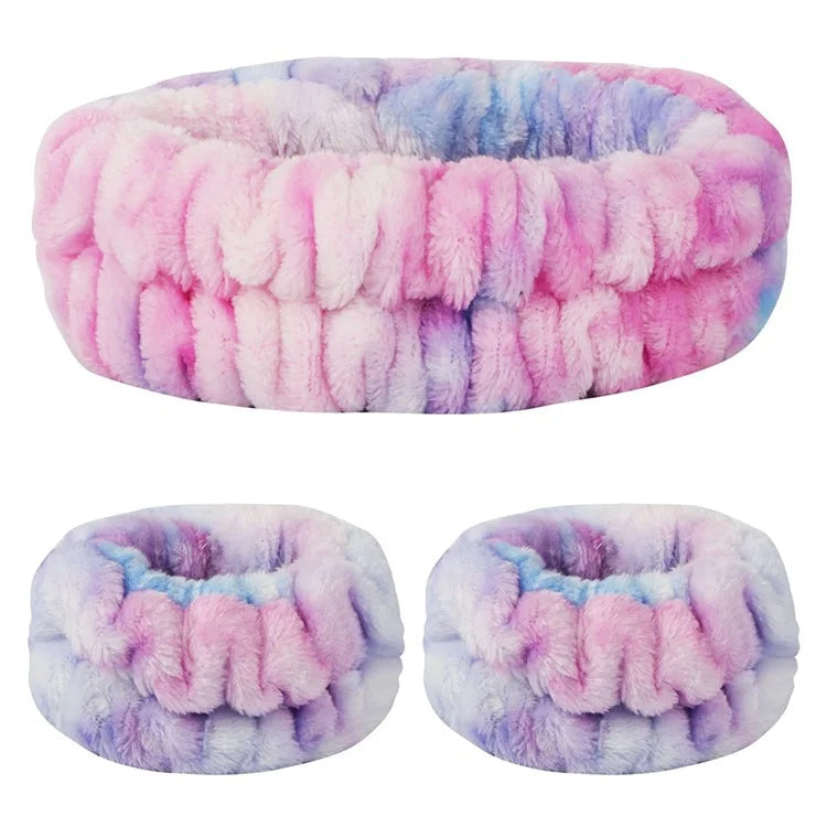SFD067 1 Headband + 2 Wrist Bands Coral Fleece Water Absorbent Face Washing Wristband Hairband Set+Purple Tie Dye