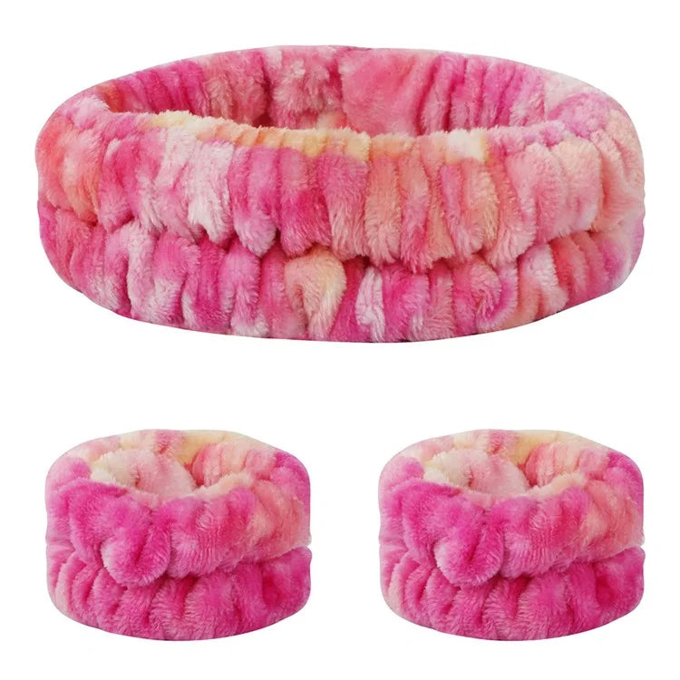 SFD067 1 Headband + 2 Wrist Bands Coral Fleece Water Absorbent Face Washing Wristband Hairband Set