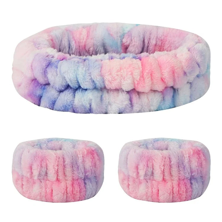 SFD067 1 Headband + 2 Wrist Bands Coral Fleece Water Absorbent Face Washing Wristband Hairband Set+Pink Tie Dye