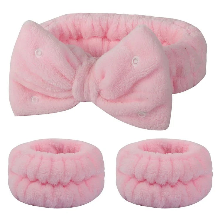 SFD008 3Pcs Spa Headband Wrist Washband Set Bowknot Face Washing Hair Wrap