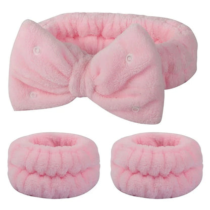 SFD008 3Pcs Spa Headband Wrist Washband Set Bowknot Face Washing Hair Wrap