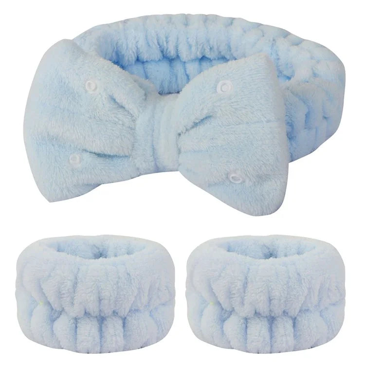 SFD008 3Pcs Spa Headband Wrist Washband Set Bowknot Face Washing Hair Wrap