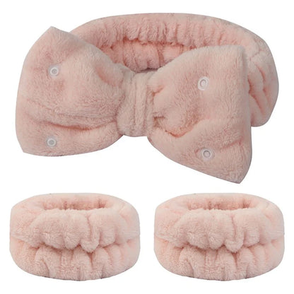 SFD008 3Pcs Spa Headband Wrist Washband Set Bowknot Face Washing Hair Wrap