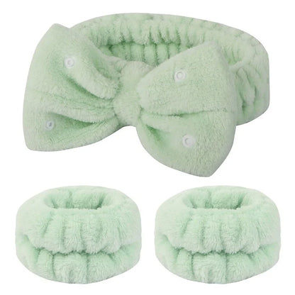 SFD008 3Pcs Spa Headband Wrist Washband Set Bowknot Face Washing Hair Wrap
