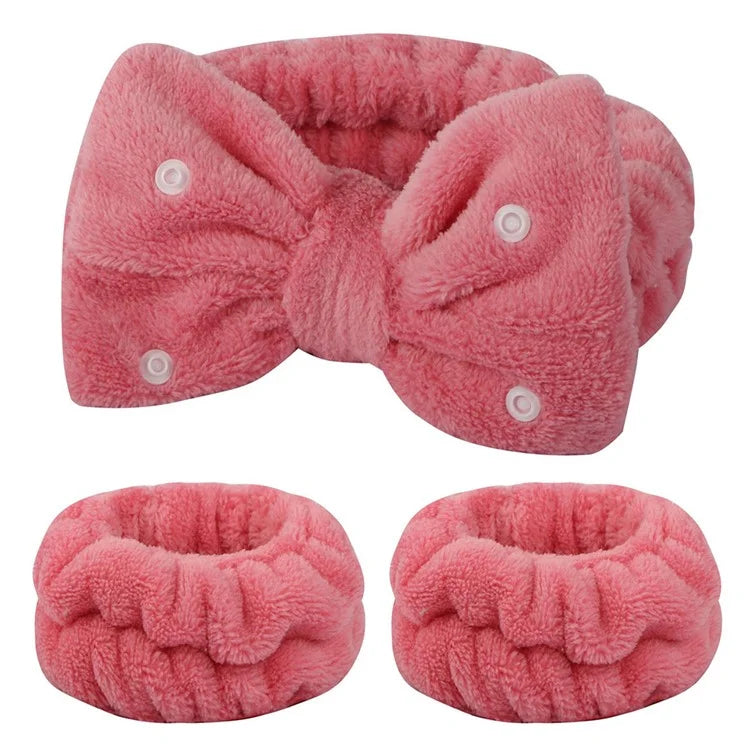 SFD008 3Pcs Spa Headband Wrist Washband Set Bowknot Face Washing Hair Wrap