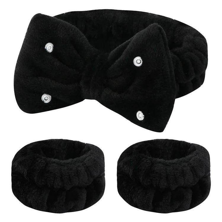 SFD008 3Pcs Spa Headband Wrist Washband Set Bowknot Face Washing Hair Wrap