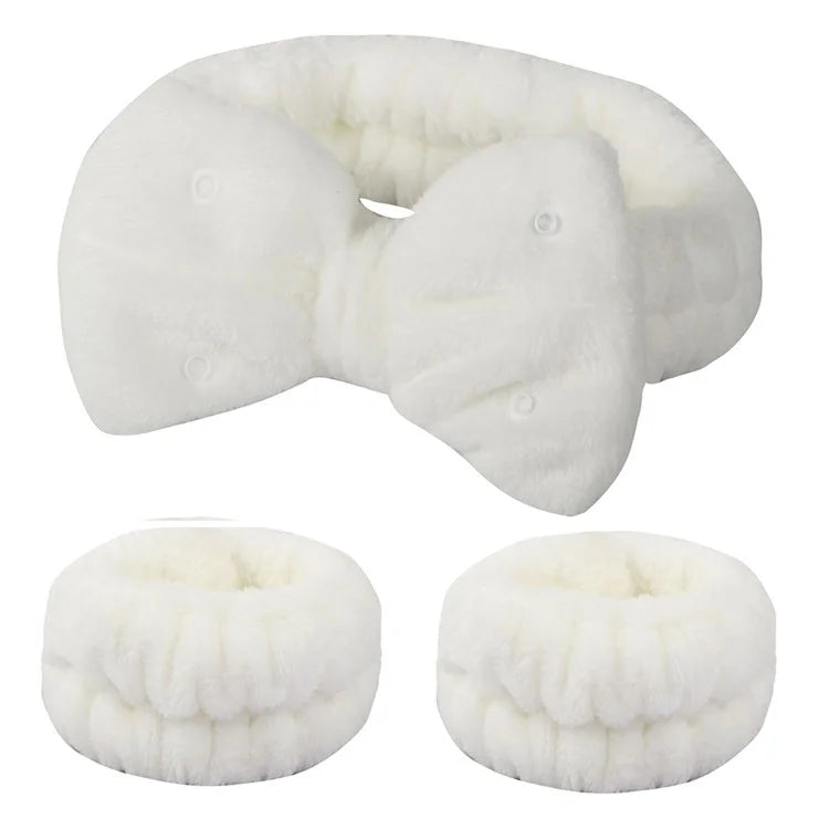 SFD008 3Pcs Spa Headband Wrist Washband Set Bowknot Face Washing Hair Wrap