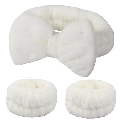 SFD008 3Pcs Spa Headband Wrist Washband Set Bowknot Face Washing Hair Wrap
