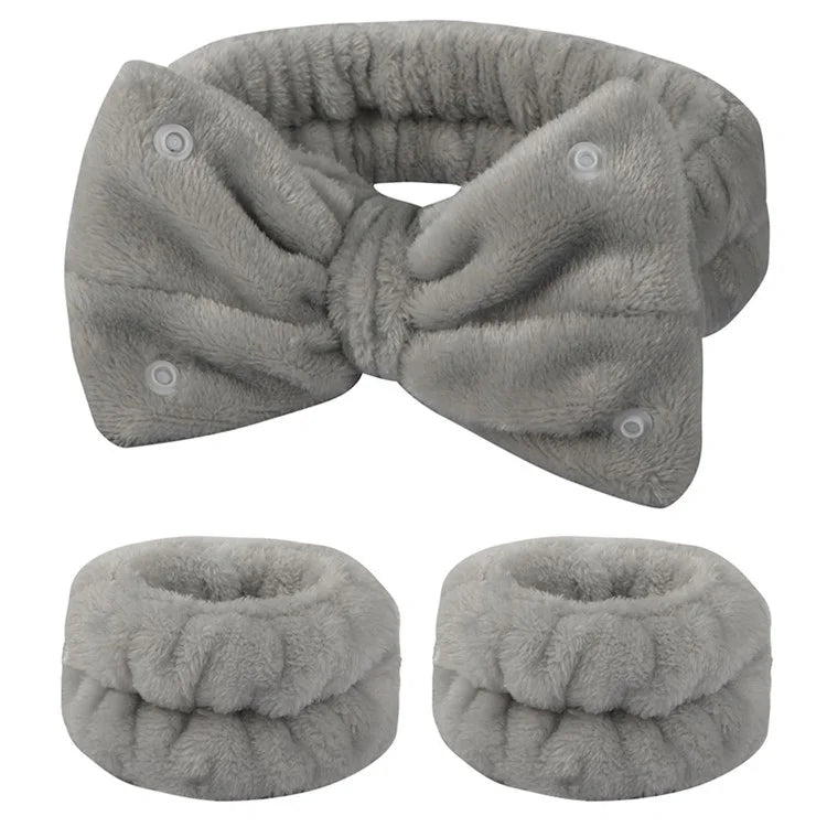 SFD008 3Pcs Spa Headband Wrist Washband Set Bowknot Face Washing Hair Wrap