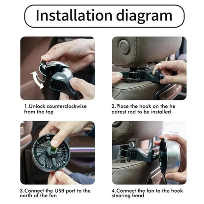 Car Backseat Electric Fan for Rear Seat Passenger with 3 Speed Modes + RGB Light for Vehicles SUV Truck