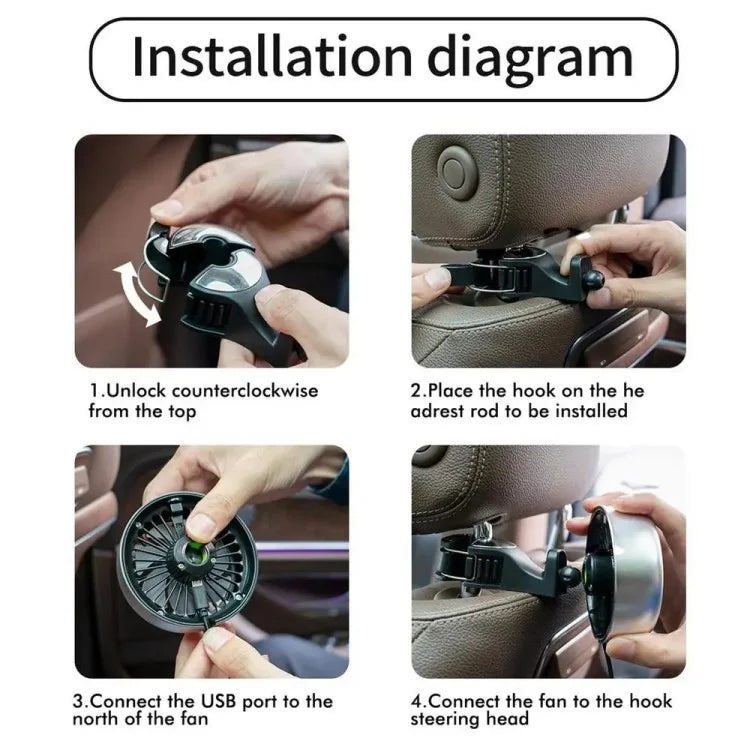 Car Backseat Electric Fan for Rear Seat Passenger with 3 Speed Modes + RGB Light for Vehicles SUV Truck+Silver