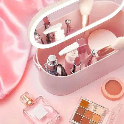 Travel Makeup Organizer Built-In Mirror Rechargeable Cosmetic Storage Box with LED Light