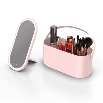 Travel Makeup Organizer Built-In Mirror Rechargeable Cosmetic Storage Box with LED Light