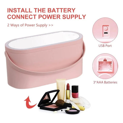 Travel Makeup Organizer Built-In Mirror Rechargeable Cosmetic Storage Box with LED Light