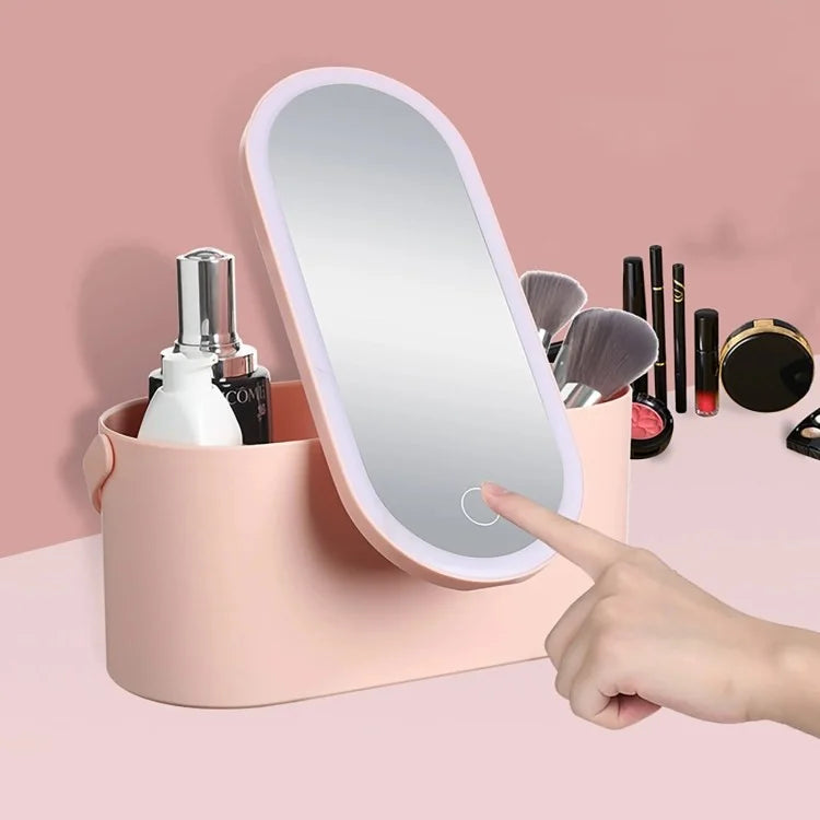 Travel Makeup Organizer Built-In Mirror Rechargeable Cosmetic Storage Box with LED Light