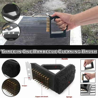 3-in-1 Barbecue Copper Wire Brush Stainless Steel Scraper BBQ Cleaning Tool