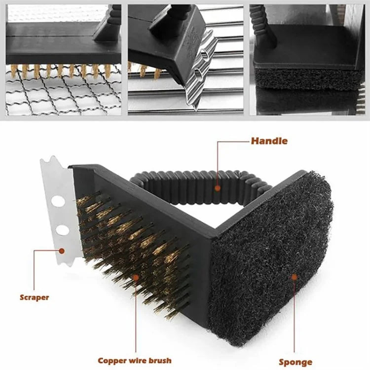 3-in-1 Barbecue Copper Wire Brush Stainless Steel Scraper BBQ Cleaning Tool
