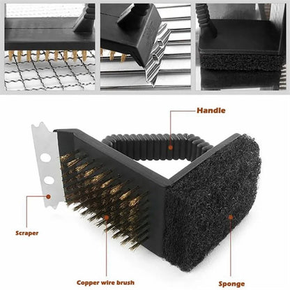 3-in-1 Barbecue Copper Wire Brush Stainless Steel Scraper BBQ Cleaning Tool