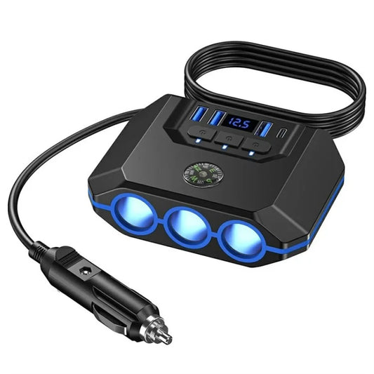 3 USB + 1 Type-C Car Charger 3 Cigarette Lighter Sockets Charging Adapter